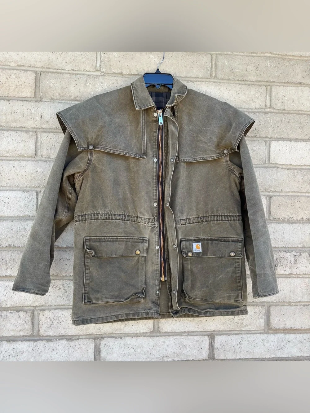 VINTAGE CARHARTT Brown DUSTER CHORE CAPE COAT JACKET Large Distressed Faded